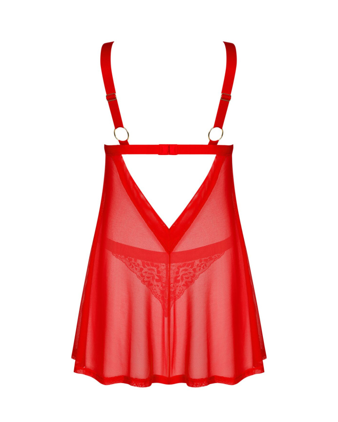 Бебі-дол Obsessive Elianes babydoll & thong, XL/2XL, червоний, мереживний ліф, трусики-танга в наборі фото 4