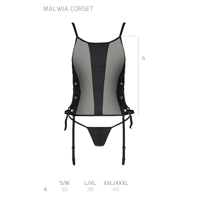 Сітчастий корсет з люверсами та знімними пажами Passion MALWIA CORSET L/XL black, екошкіра, стрінги фото 7
