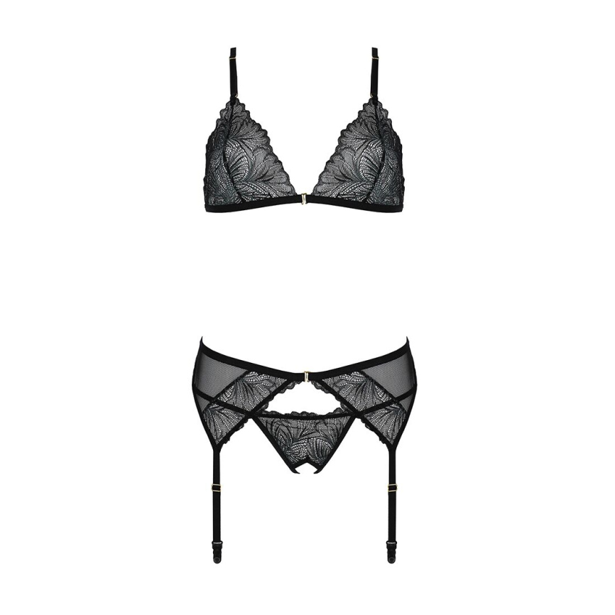Комплект з відкритим доступом Passion DELIENA SET XXL/XXXL black, ліф, стрінги, пояс для панчіх фото 12