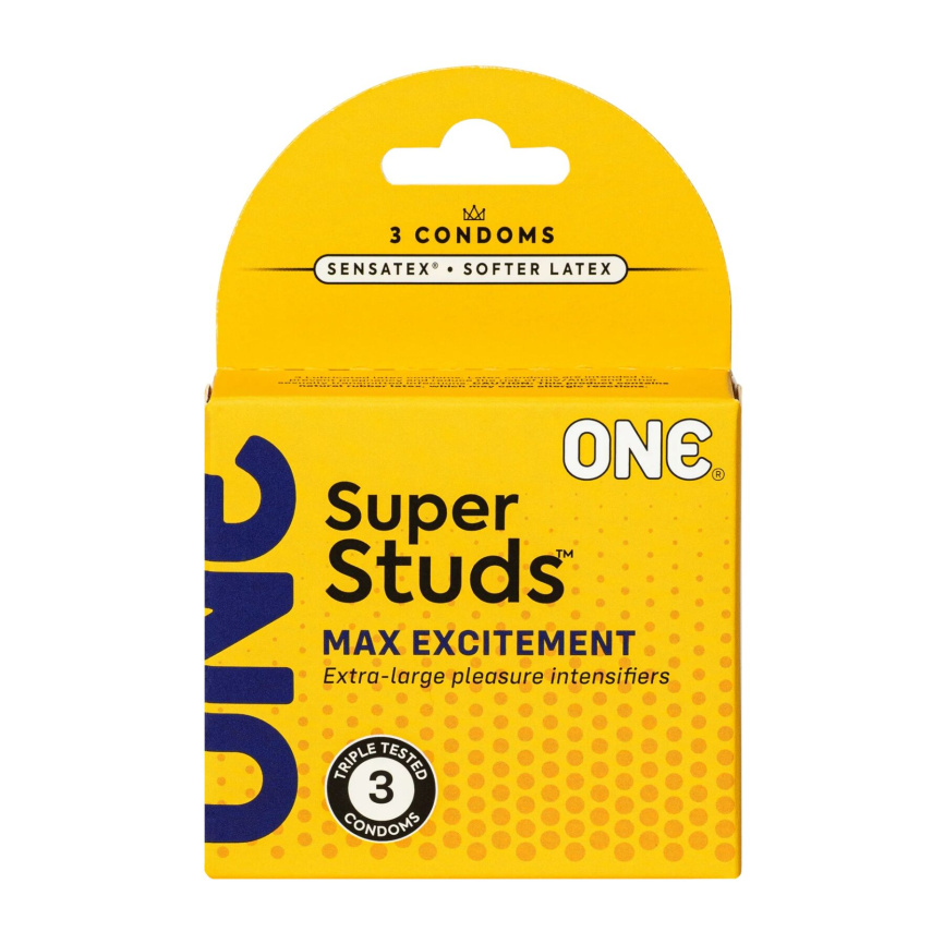 Презервативи ONE Super Studs, 3 шт, з точковим рельєфом, зі змазкою, паковання — картонна коробка фото 1