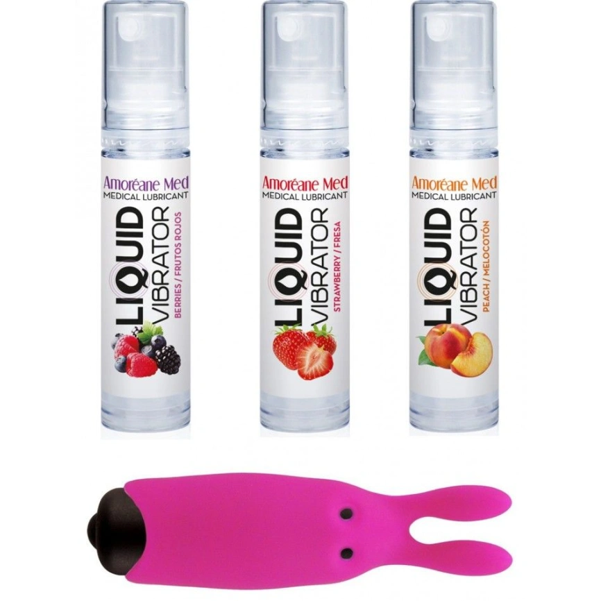 Набор из 3-х вкусов стимулирующего лубриканта Amoreane Med (3х10мл) и вибропули Adrien Lastic Pink фото 1