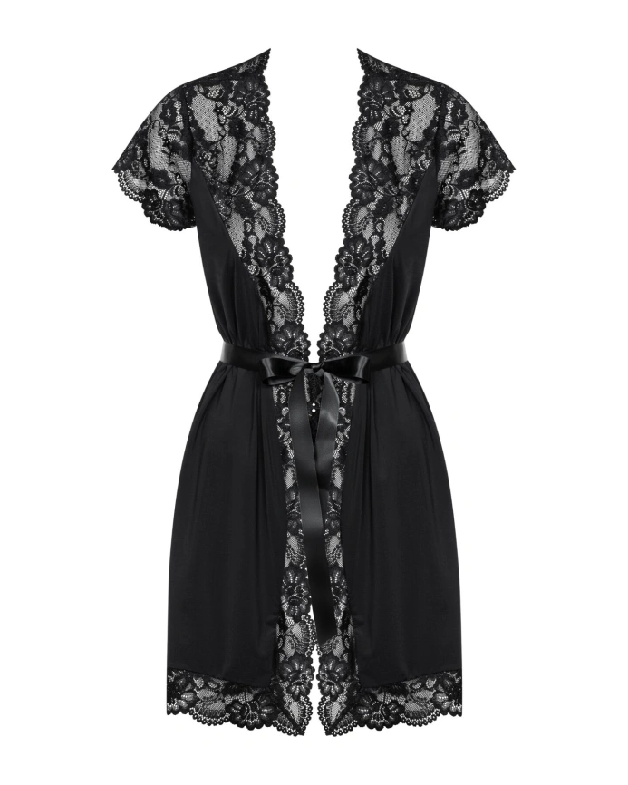Сатиновый открытый пеньюар на поясе Obsessive 810-PEI–1 peignoir black L/XL, черный фото 5