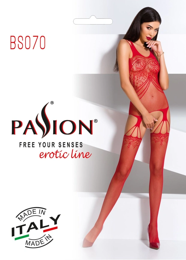 Бодистокинг Passion BS070 red, комбинезон, имитация чулок и ажурного топа фото 6