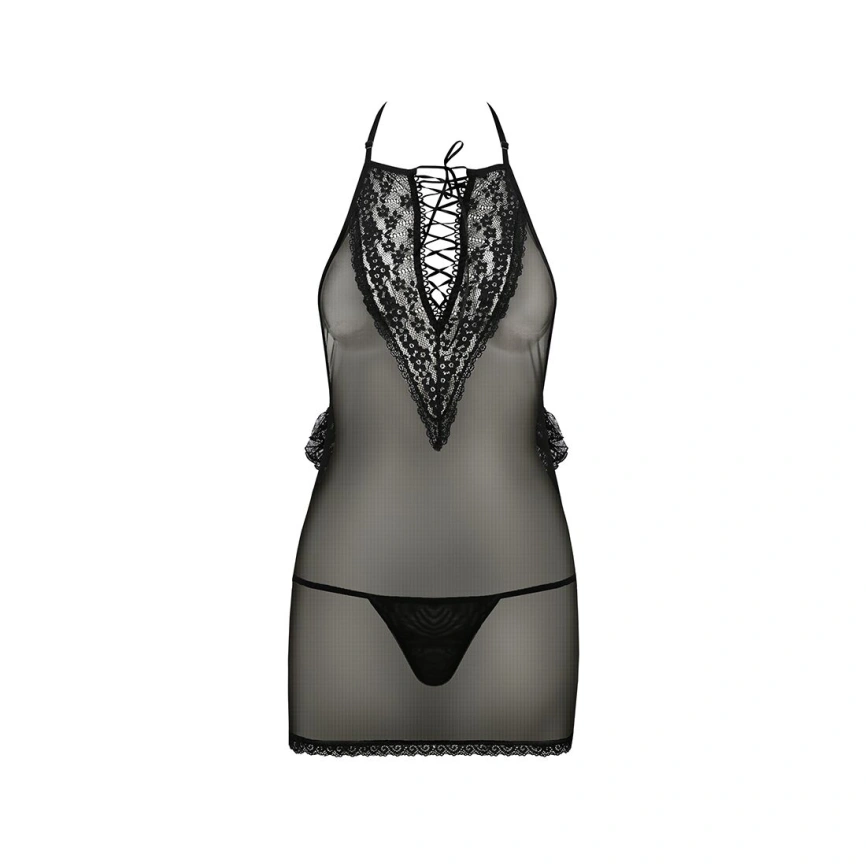 Сорочка прозрачная приталенная Passion ERZA CHEMISE XXL/XXXL, black, трусики фото 5