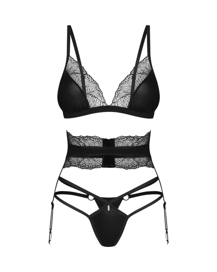 Комплект Obsessive Lobellis 3-pcs set, XL/2XL, черный, лиф с мягкой чашкой, стринги, пояс для чулок фото 3