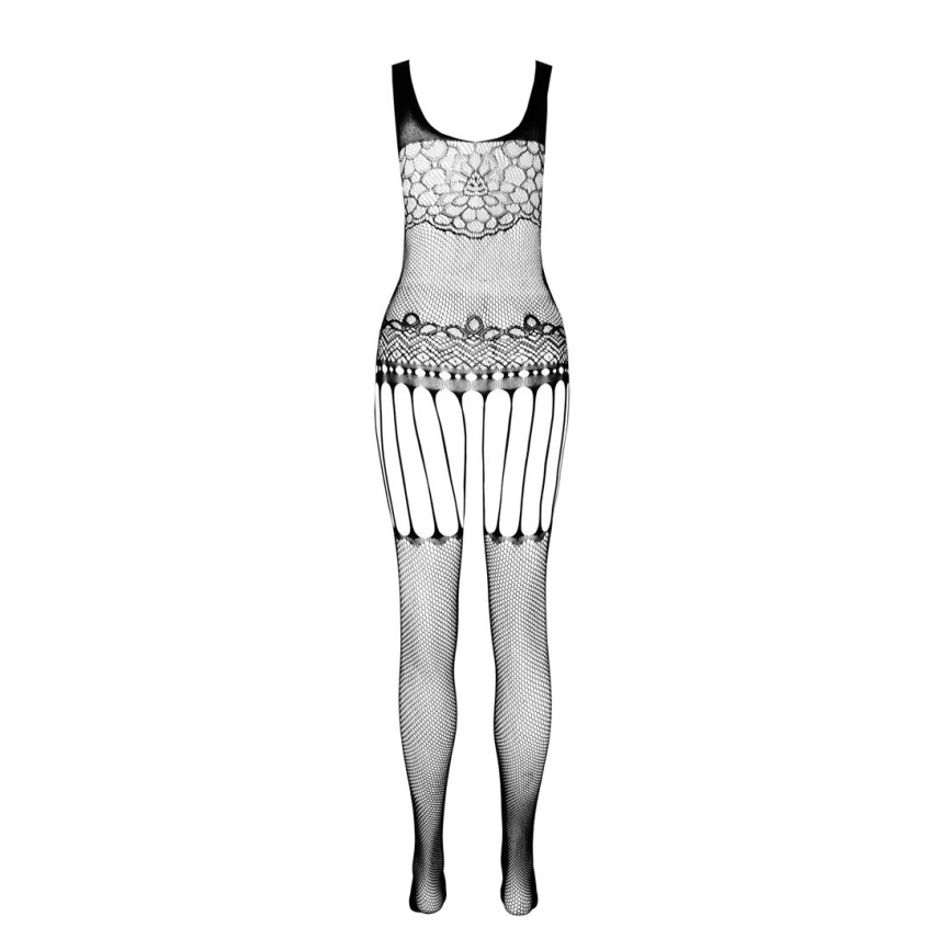 Бодістокінг Passion ECO BS001 One Size black, з доступом, імітація підв’язок, флористичний декор фото 11