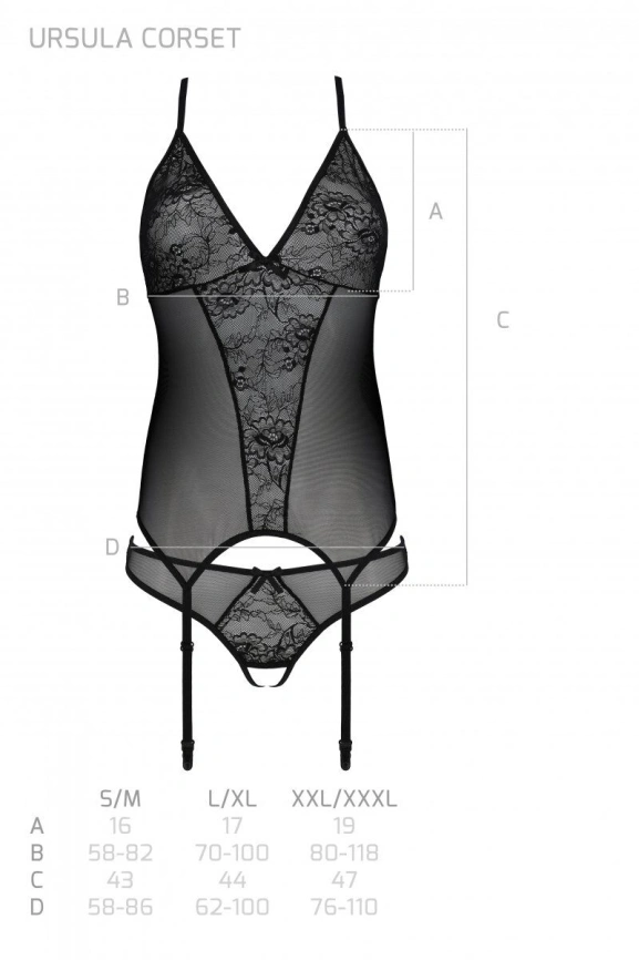 Корсет с пажами, трусики с ажурным декором и открытым шагом Passion URSULA CORSET L/XL, black фото 5