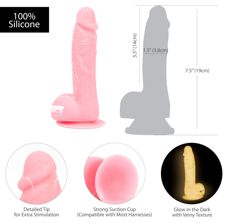Фалоімітатор, що світиться у темряві, ADDICTION - BRANDON - 7.5 "- PINK G.I.D. / W PB, 19 см, силіко фото 5
