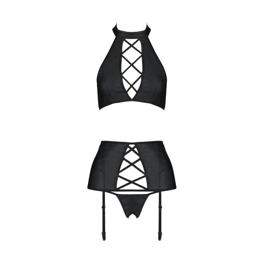 Комплект из экокожи Passion NANCY SET 4XL/5XL black, имитация шнуровки, топ, пояс для чулок фото 7