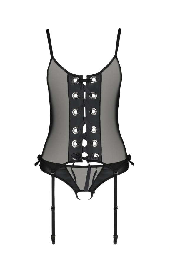 Корсет со шнуровкой Passion NESSY CORSET S/M black, стринги с открытым доступом, пажи для чулок фото 3