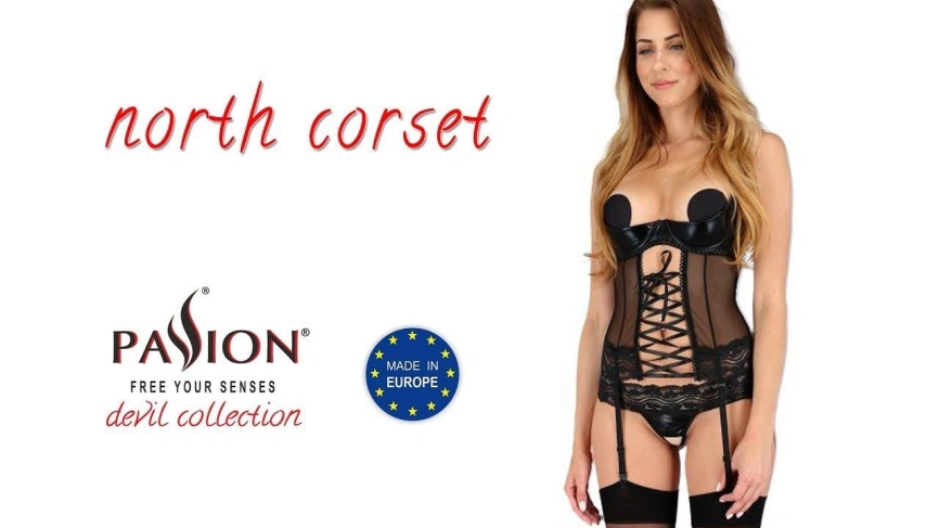 Корсет с открытой грудью Passion Exclusive NORTH CORSET XXL/XXXL, black, пажи, трусики, шнуровка фото 3