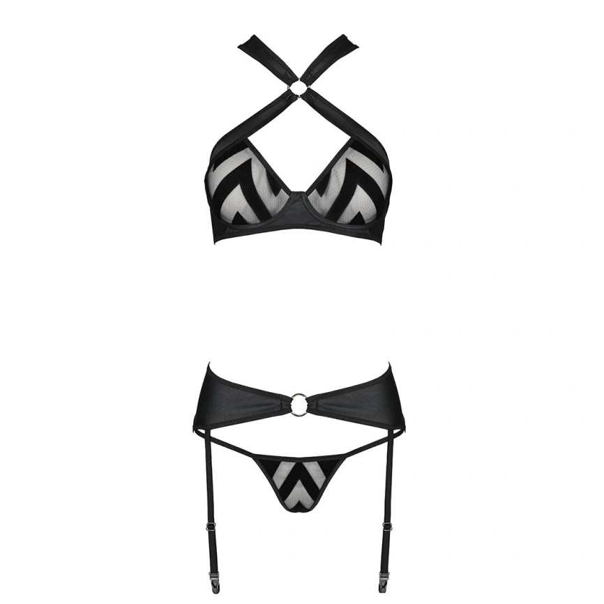 Сетчатый набор с узором, бюстгальтер, трусики, пояс для чулок Passion HIMA SET XXL/XXXL black фото 9