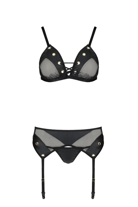 Комплект білизни Passion NESSY SET L/XL black, бюстгальтер, пояс для панчіх, стрінги фото 3