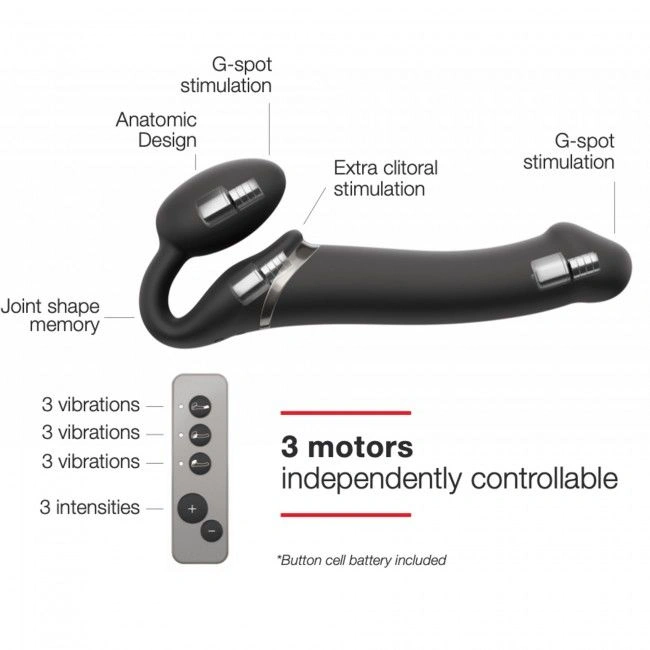 Безремневой страпон с вибрацией Strap-On-Me Vibrating Black L, диаметр 3,7см, пульт ДУ, регулируемый фото 3