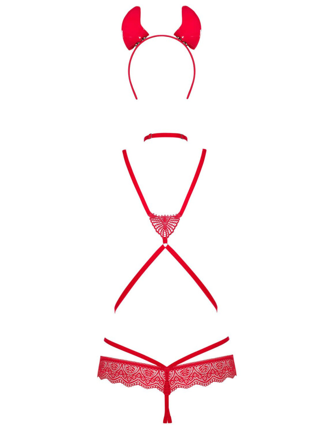 Еротичний костюм чортика зі стреп Obsessive Evilia teddy red S/M, боді, чокер, накладки на соски, обруч з ріжками фото 4