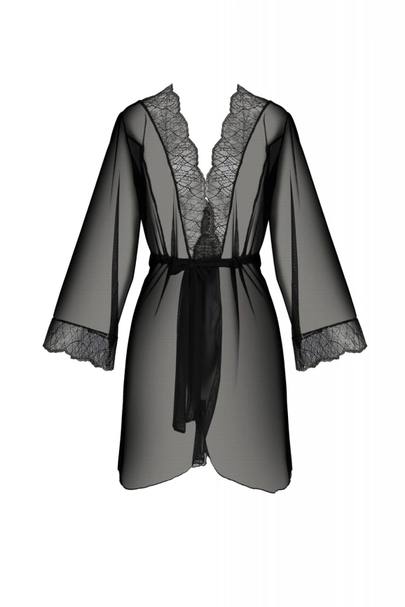 Пеньюар Passion AMBERLY PEIGNOIR 6XL/7XL, black, ажурные декольте и манжеты, широкие рукава фото 3