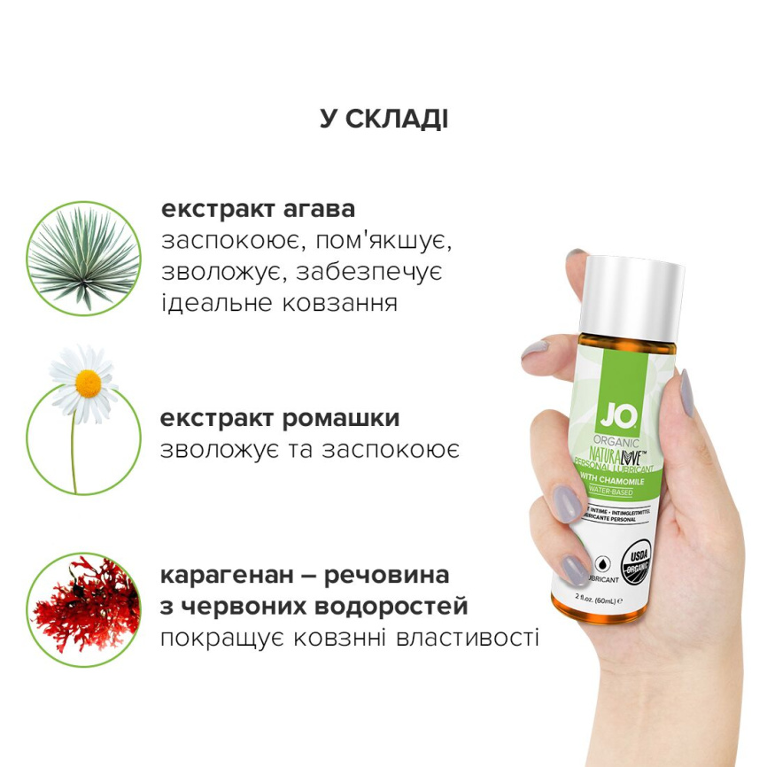 Змазка на водній основі JO NATURALOVE — ORGANIC (60 мл) з екстрактом листя агави та ромашки фото 5