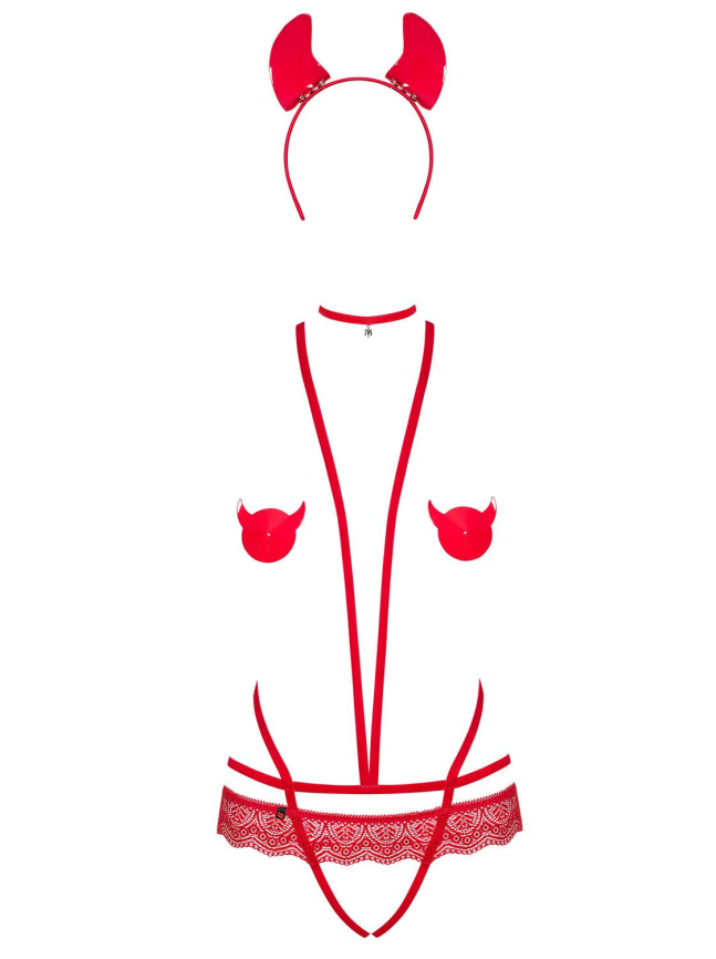 Еротичний костюм чортика зі стреп Obsessive Evilia teddy red L/XL фото 3