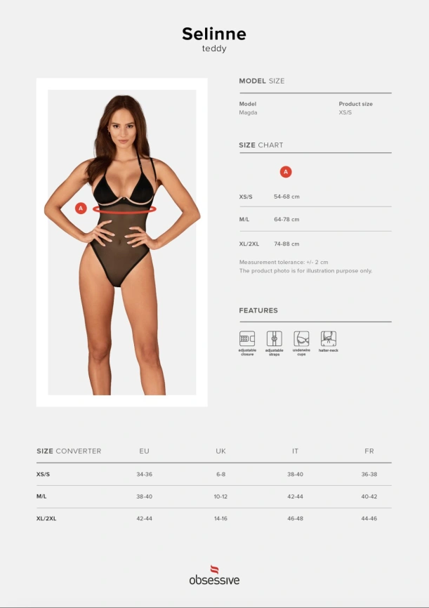 Прозрачное боди Obsessive Selinne teddy M/L Black, мелкая сетка, двойные бретели фото 5