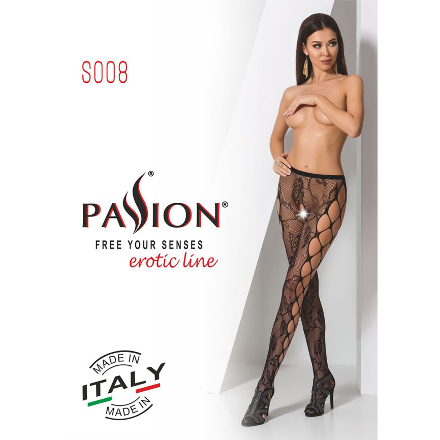 Еротичні колготки-бодістокінг Passion S008 black, ажурні колготки з вирізом та лампасами-сіткою фото 7
