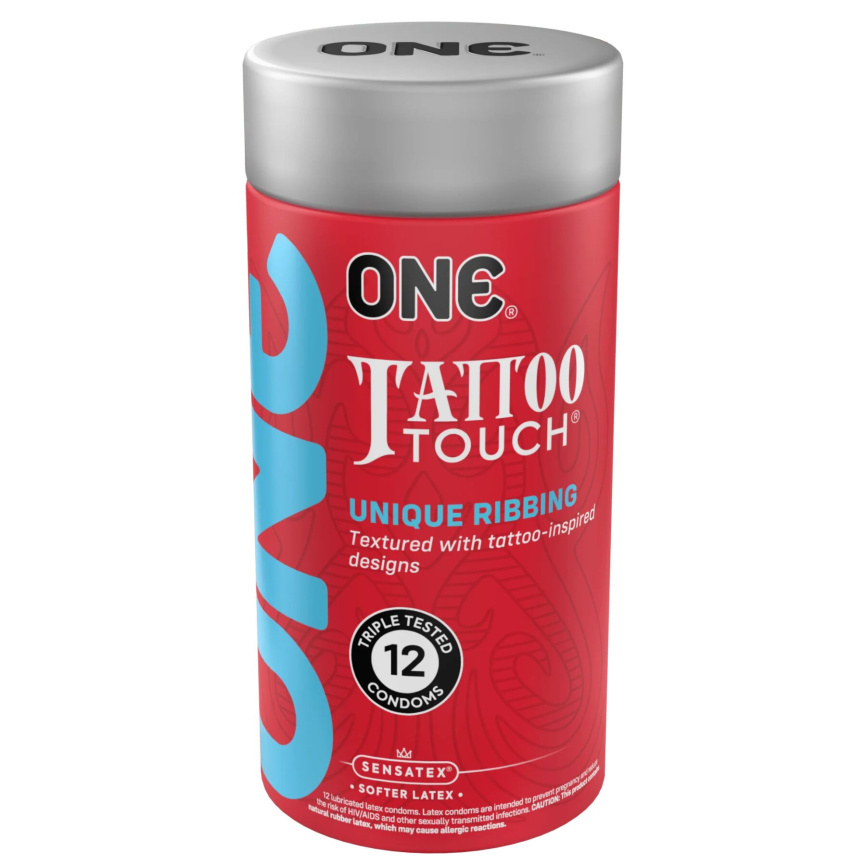 Презервативи ONE Tattoo Touch, 12 шт, рельєф у вигляді тату, 3 різновиди, подарункове паковання-тубус фото 1