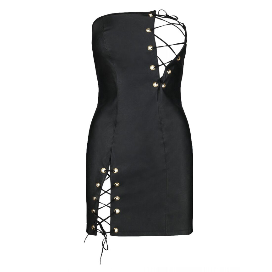 Мінісукня з екошкіри Passion CELINE CHEMISE 4XL/5XL, black, шнурівка, трусики в комплекті фото 7