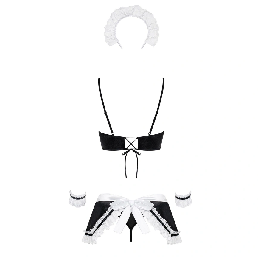 Атласный эротический костюм горничной Obsessive Maid set S/M, black, 5 предметов фото 4