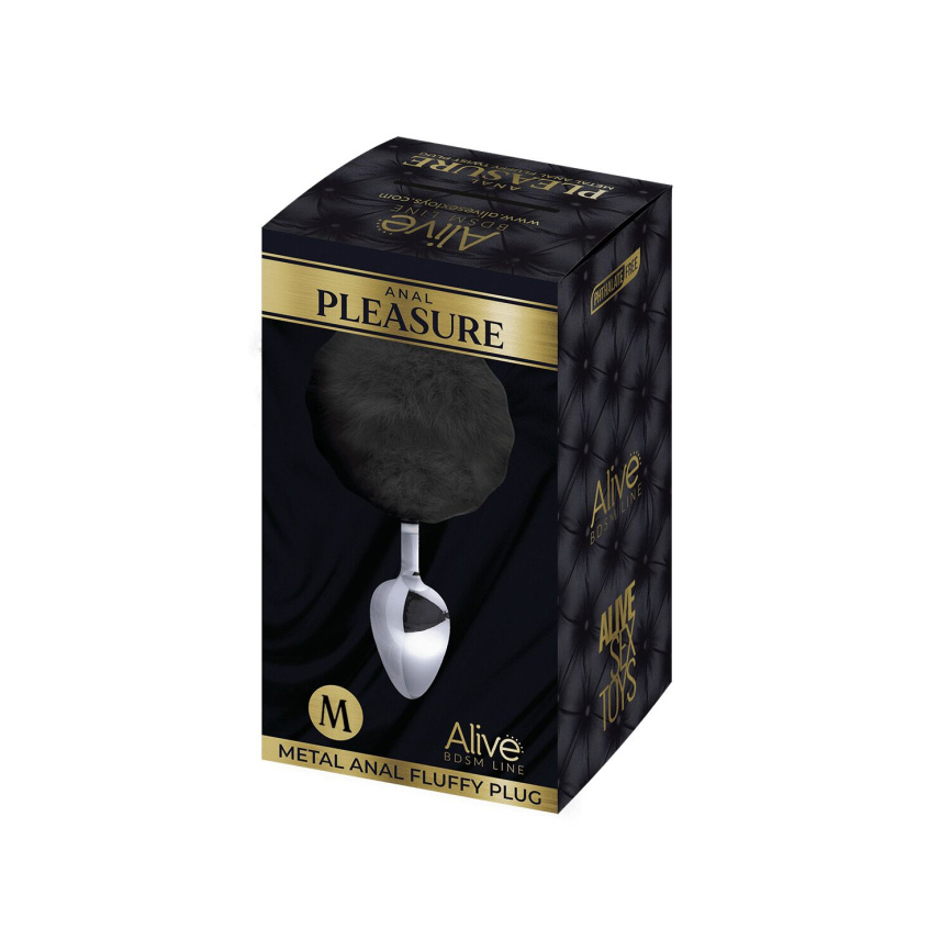 Металева анальна пробка Кролячий хвостик Alive Fluffy Plug M Black, діаметр 3,4 см фото 2