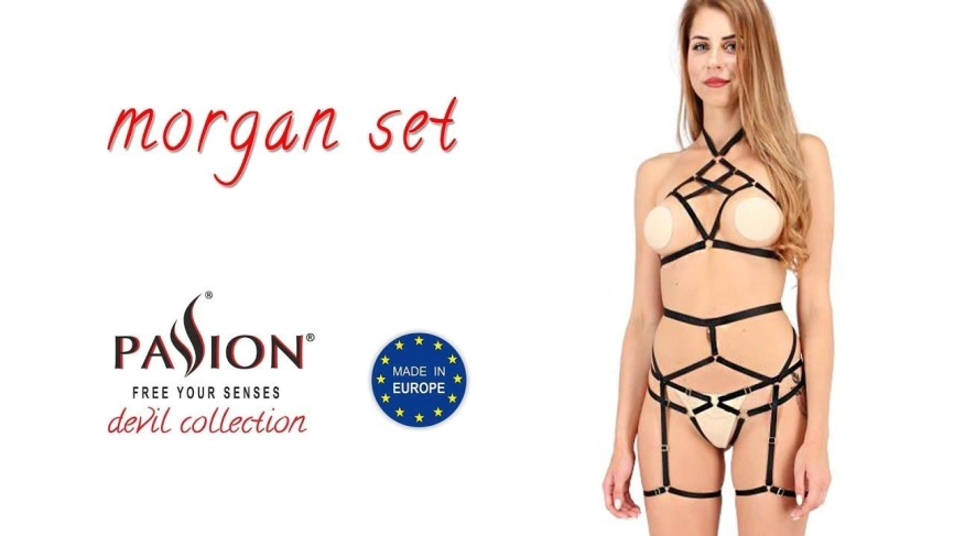 Комплект белья Passion Exclusive MORGAN SET OpenBra S/M, black, стрэпы, трусики, лиф, пояс фото 3