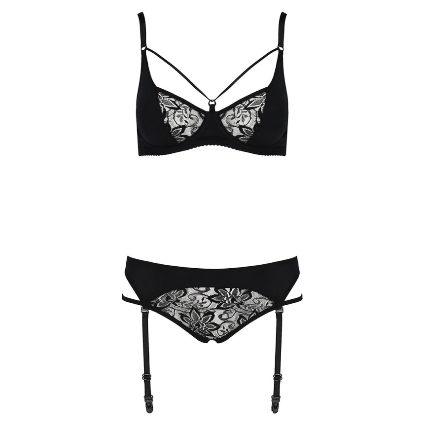 Комплект белья Passion PAULINE SET L/XL, black, стрэпы, лиф, стринги и пояс для чулок фото 15