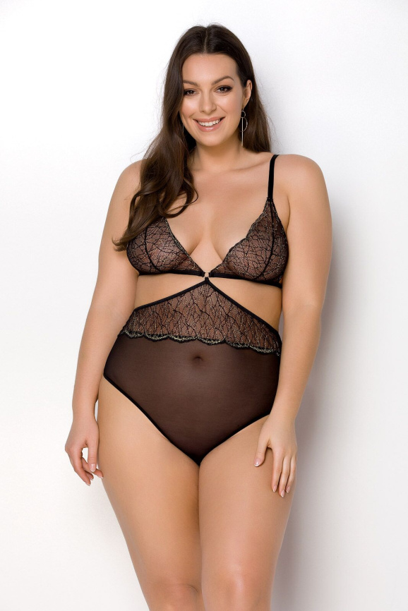 Боді Passion AMBERLY BODY 6XL/7XL black, асиметричний крій, мереживний ліф, золота нитка фото 1