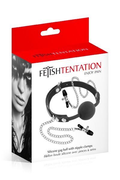 Кляп з силіконовою кулькою і затискачами для сосків Fetish Tentation Gag Ball with Nipple Clamps фото 2