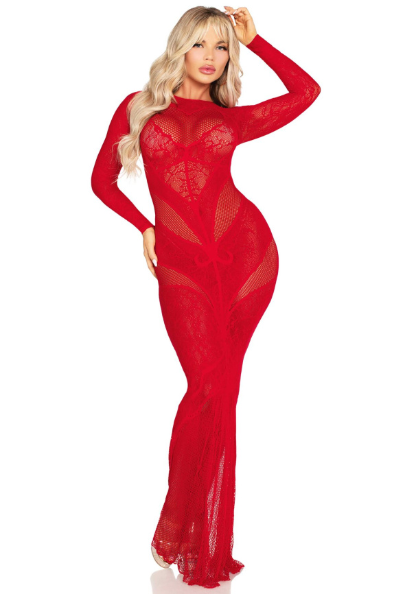 Сукня з довгим рукавом Leg Avenue Lace and Net Bodycon Gown One Size, Red фото 2