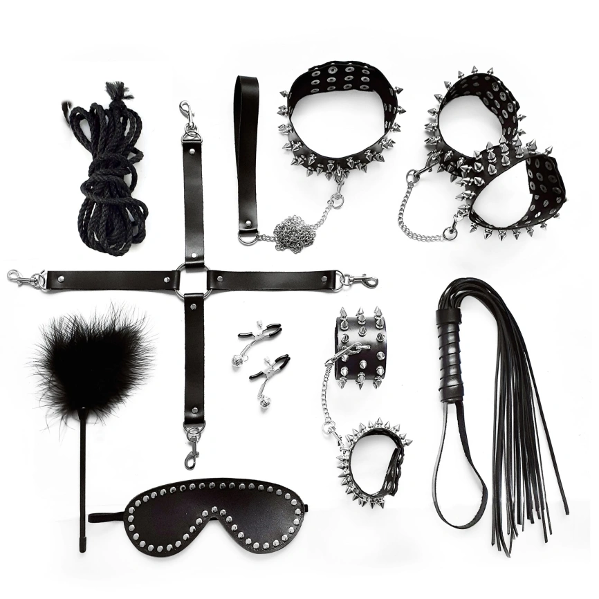 BDSM-набор Art of Sex – Spikes BDSM Set Leather, 10 предметов, черный, натуральная кожа фото 1
