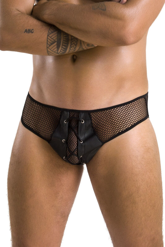 Чоловічі труси зі шнурівкою Passion 035 SLIP RICHARD S/M Black, екошкіра, сітка фото 1