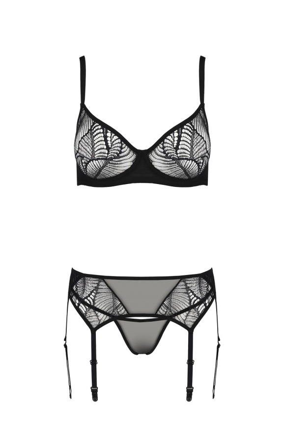 Комплект Passion LEAFA SET black, L/XL, мереживо+сітка, бюстгальтер на кісточках, стрінги, пояс для панчіх фото 3