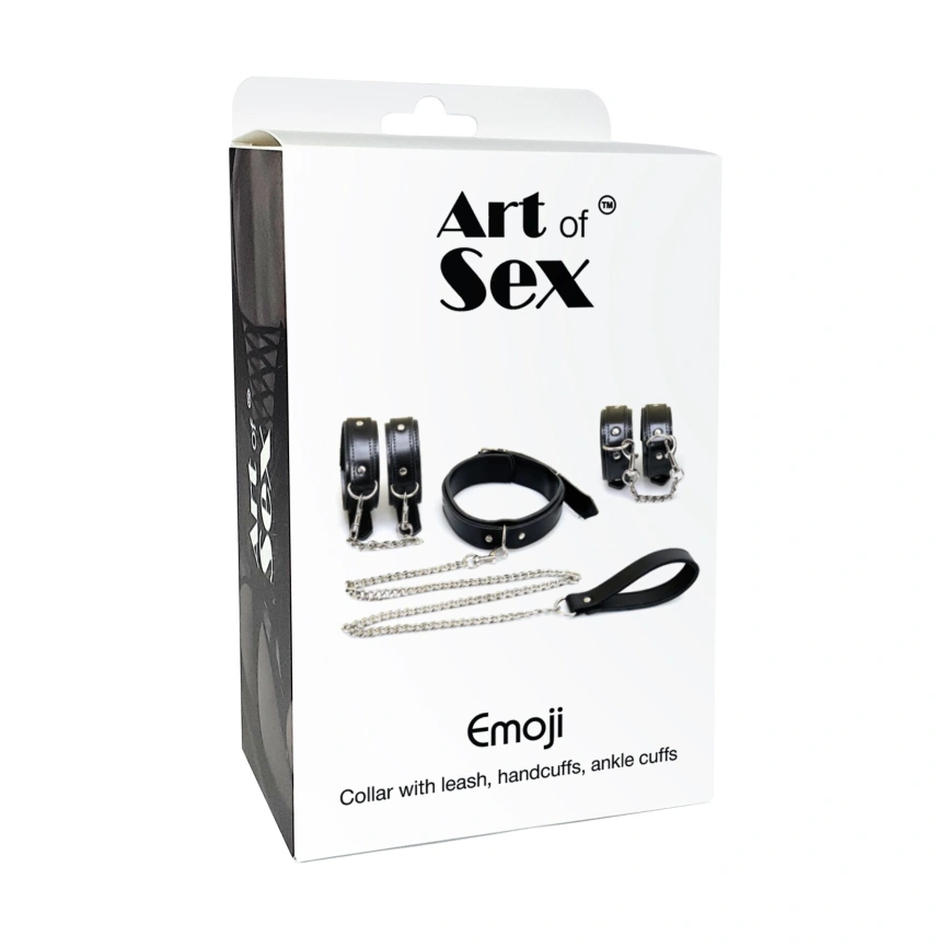 Набор BDSM Art of Sex - Emoji, наручники, поножи, ошейник с поводком, экокожа, черный фото 5