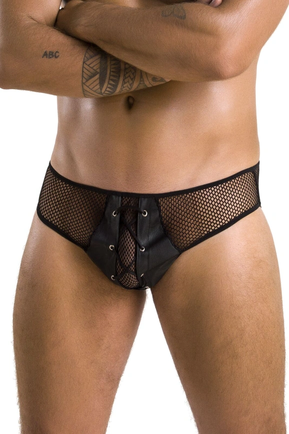 Мужские трусы со шнуровкой Passion 035 SLIP RICHARD L/XL Black, экокожа, сетка фото 1