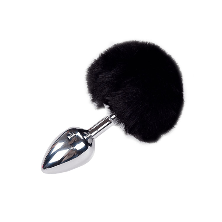 Металева анальна пробка Кролячий хвостик Alive Fluffy Plug M Black, діаметр 3,4 см фото 1
