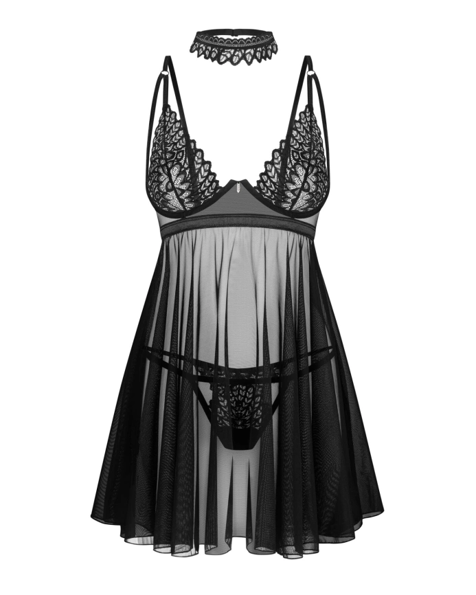 Бэби-долл Obsessive Donarella babydoll & thong, M/L, кружевной лиф, чокер и стринги в комплекте фото 3