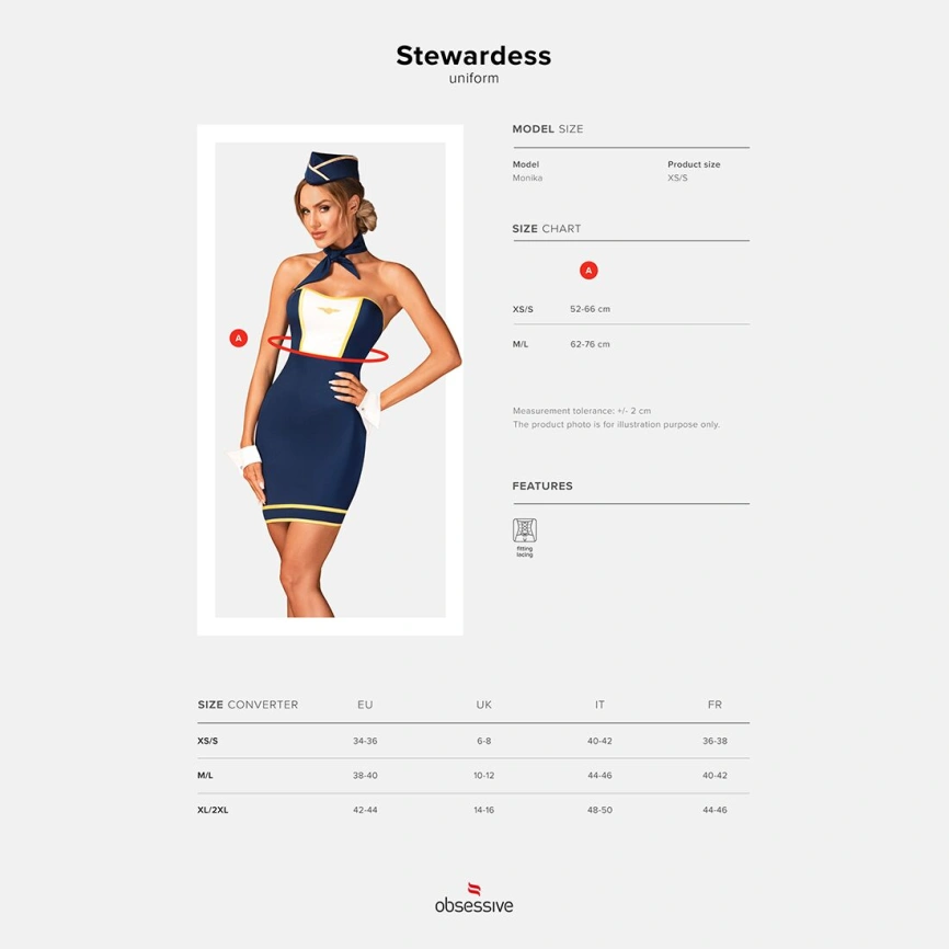 Эротический костюм стюардессы Obsessive Stewardess uniform M/L, blue, платье, пилотка, шарф, манжеты фото 8