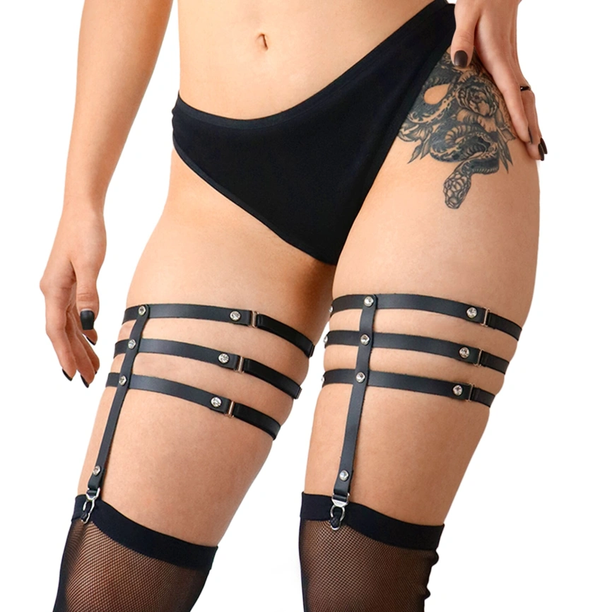 Гартеры со стразами Art of Sex - Floy, натуральная кожа, Размер XS - 2XL, цвет Черный фото 1