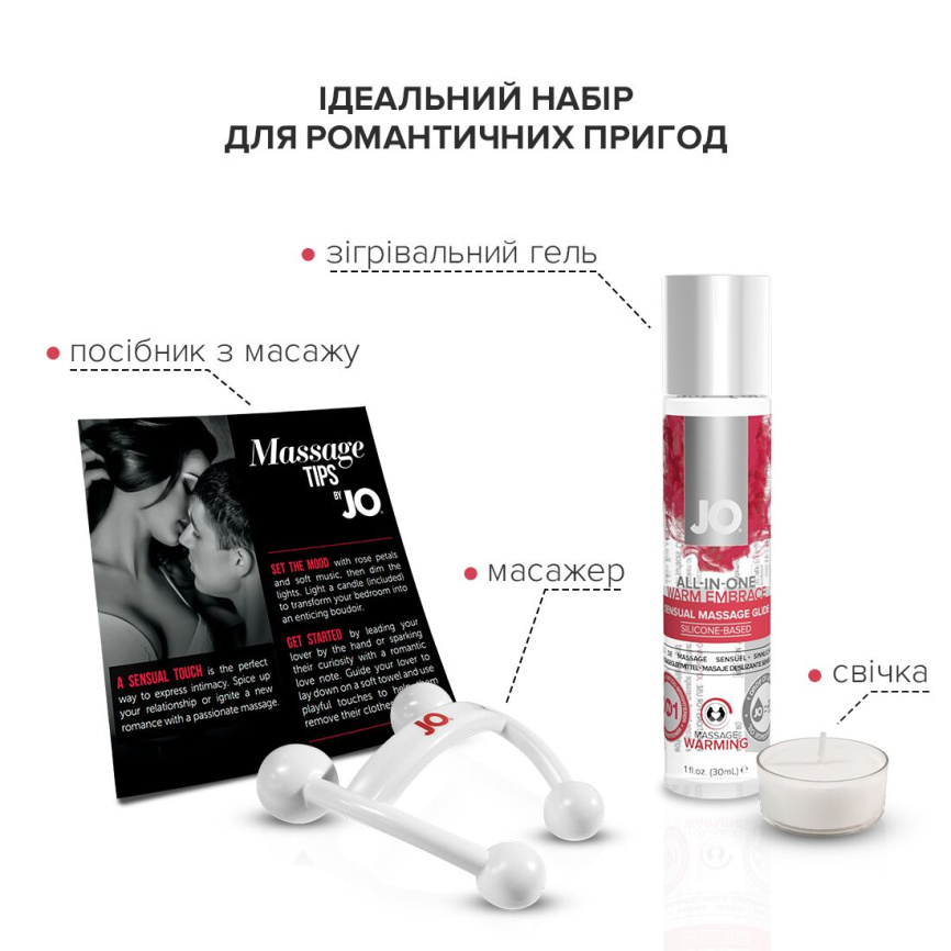 Набір для масажу JO ALL IN ONE MASSAGE GIFT SET: розігрівальний гель, масажер і свічка фото 2