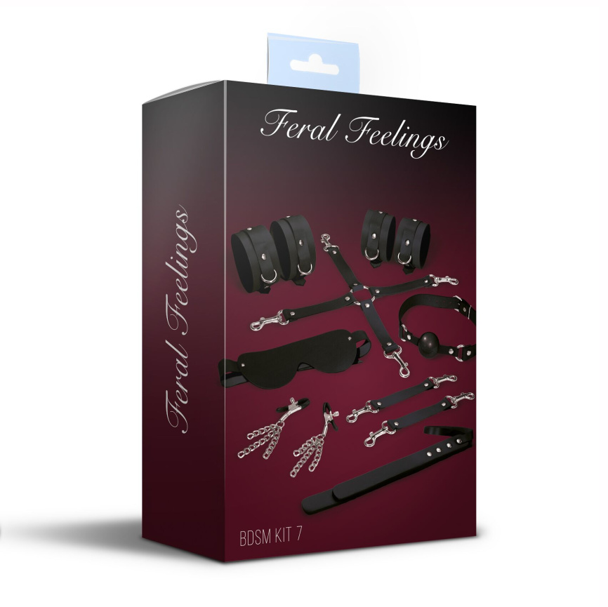 Набір Feral Feelings BDSM Kit 7 Black, наручники, поножі, конектор, маска, падл, кляп, затискачі фото 2