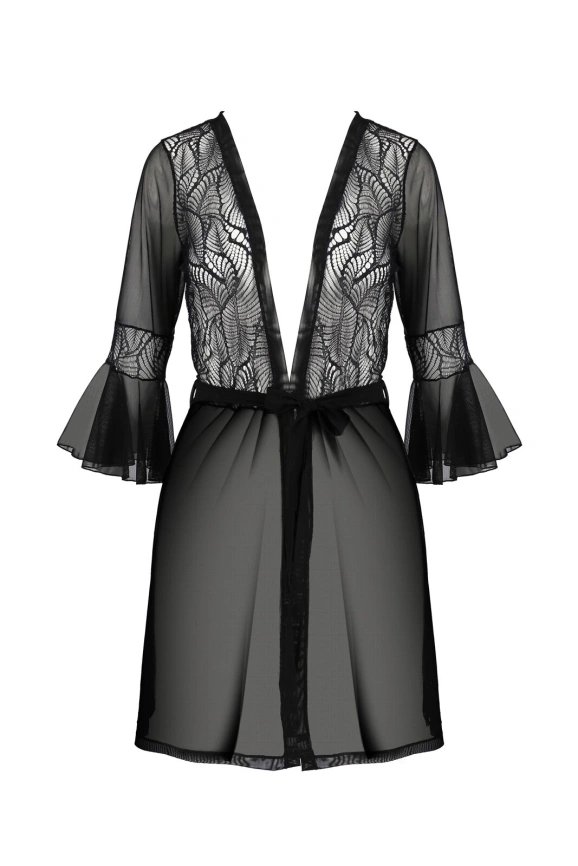 Пеньюар Passion LEAFA PEIGNOIR black, XXL/XXXL, длина чуть выше колена, широкие рукава, завязывается на пояс фото 3