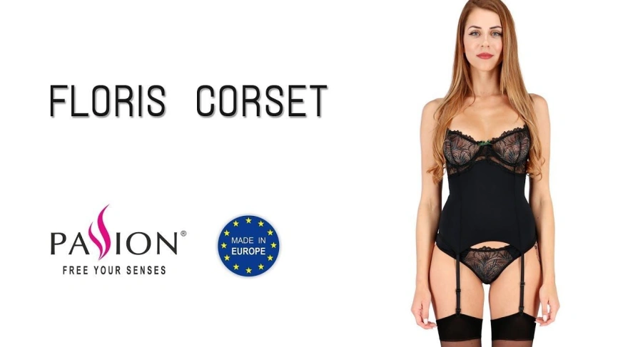 Корсет с пажами Passion Exclusive FLORIS CORSET S/M, black, трусики фото 4