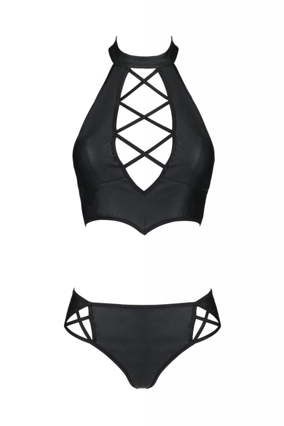 Комплект з екошкіри Passion NANCY BIKINI 4XL/5XL black, бра та трусики з імітацією шнурівки фото 3