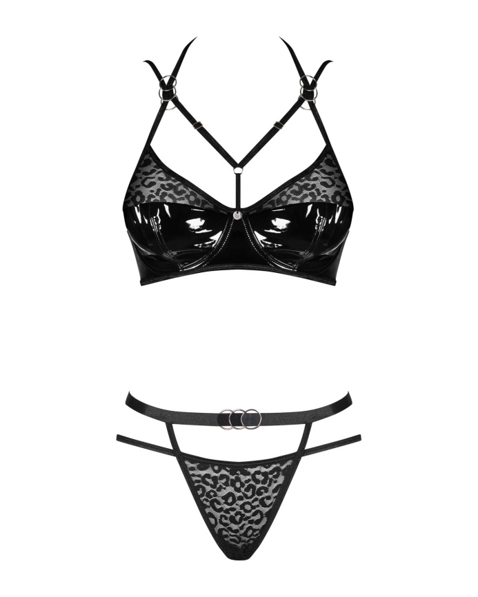 Еротичний комплект під латекс зі стрепами Obsessive Bagirela 2-pcs set L/XL, чорний, під леопард, бю фото 5