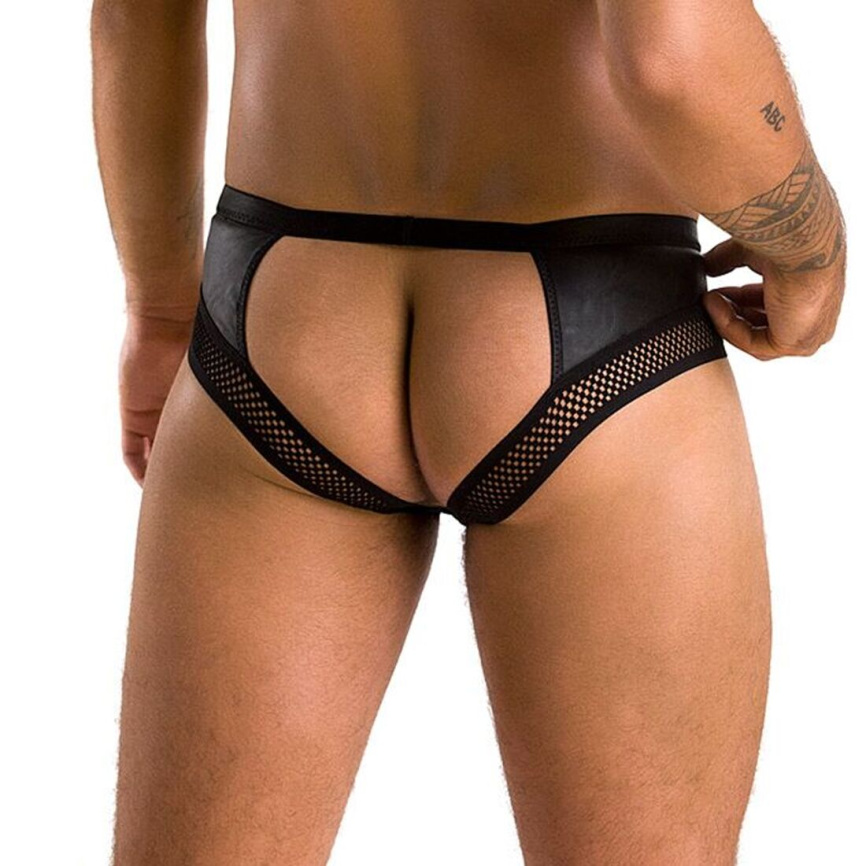 Чоловічі труси з ланцюжком Passion 030 SLIP TOM S/M Black, екошкіра, відкриті сідниці фото 8