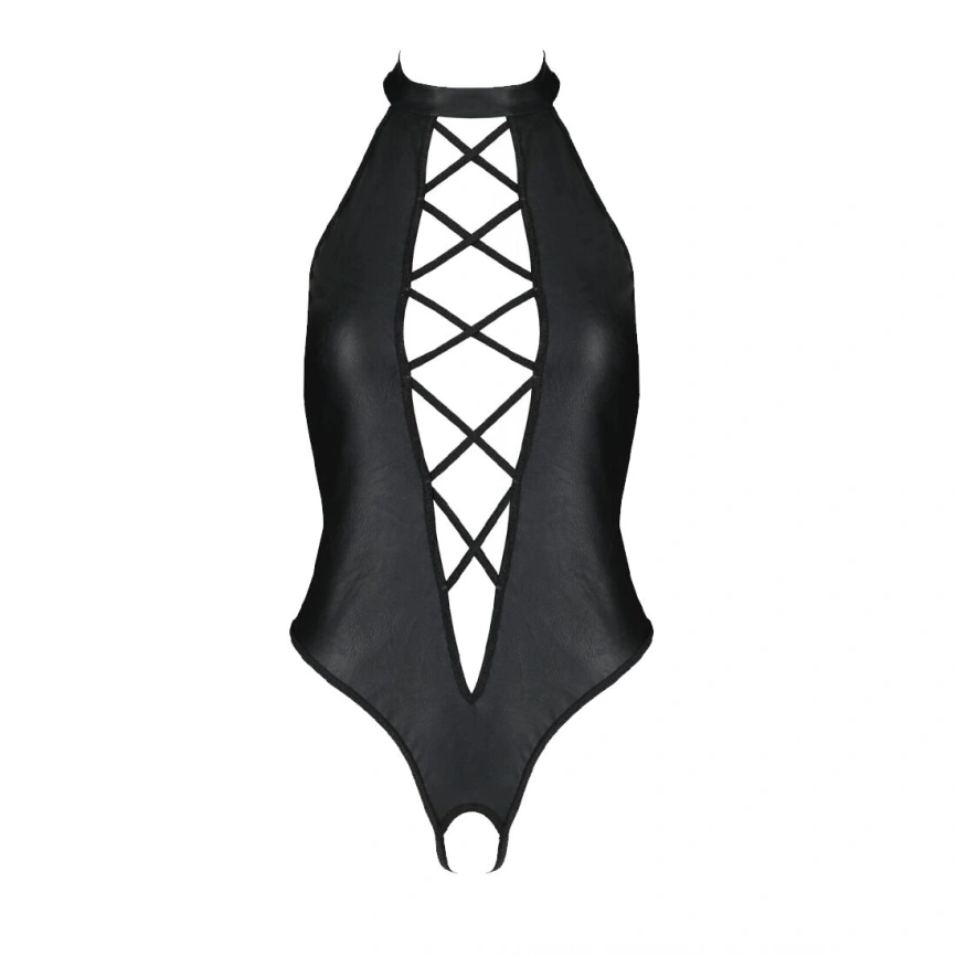 Боди из экокожи Passion NANCY BODY 4XL/5XL black, с имитацией шнуровки и открытым доступом фото 7